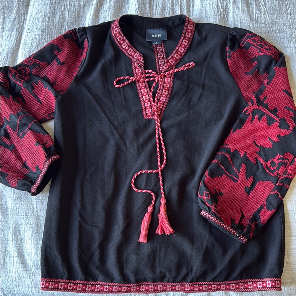 Maeve Black Blouse with‎ Red Embroidery sz S